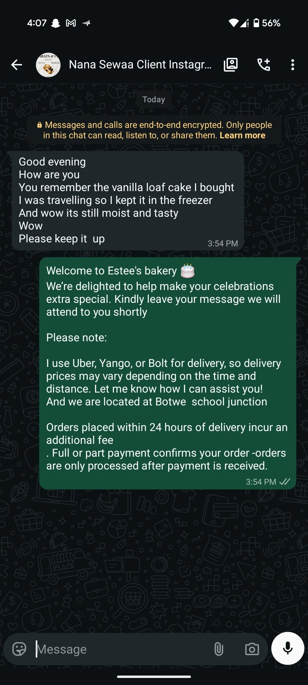 WhatsApp customer message saying a frozen vanilla loaf was still moist and tasty