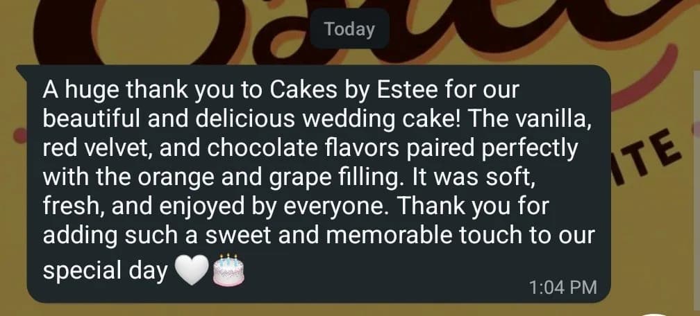 Wedding customer thanking Cakes by Estee for a soft, fresh, and delicious three-flavour wedding cake
