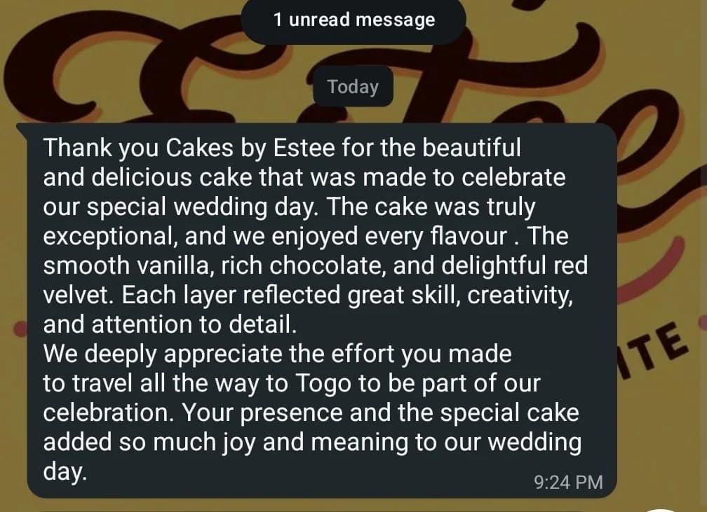 Wedding customer praising the vanilla, chocolate, and red velvet cake and the care taken to deliver it to Togo