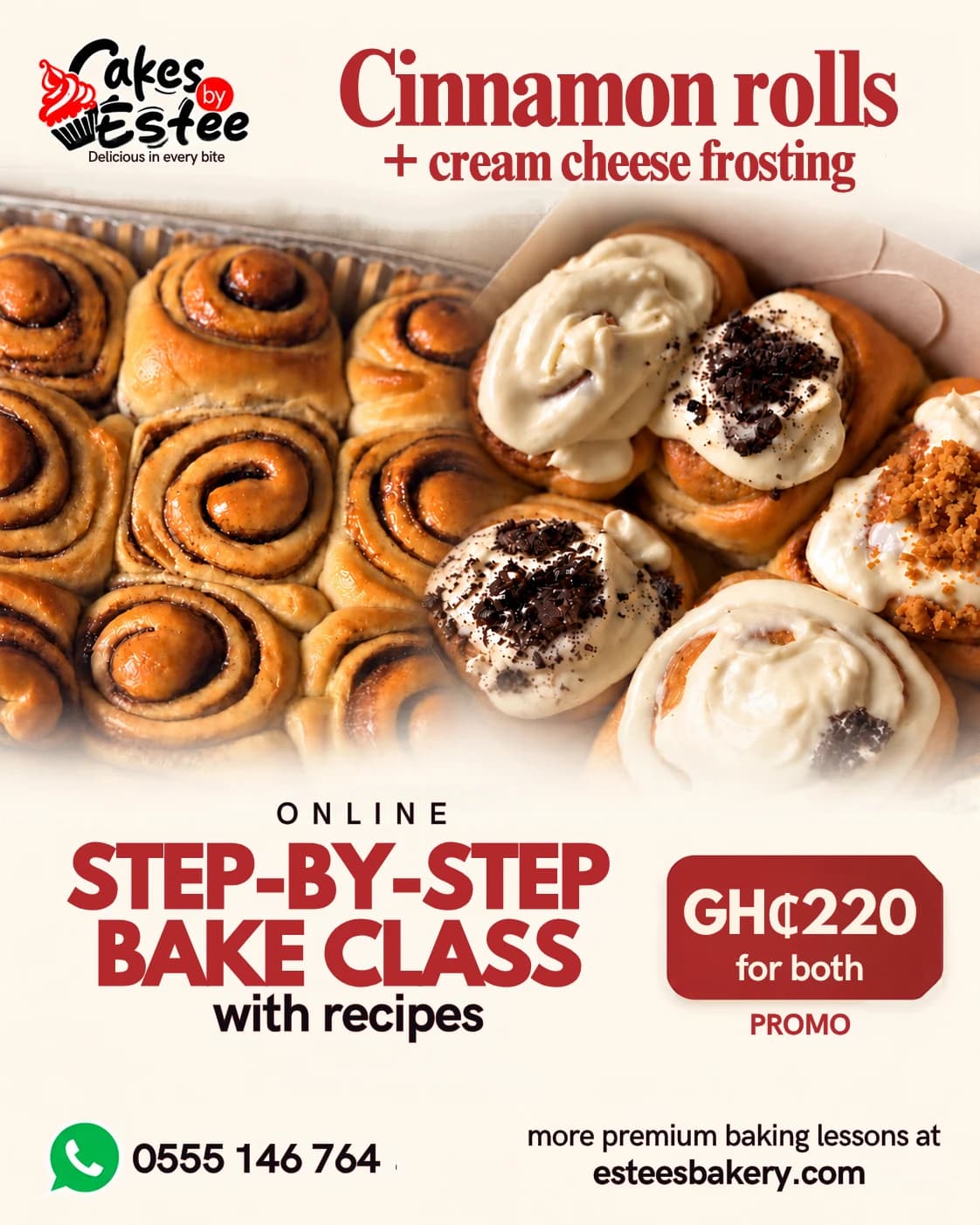 Cinnamon rolls and cream cheese frosting online lessons, GH₵220 for both, with recipes